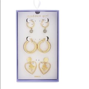 Madden Girl Gold Tone 3-Pair Hoop & Heart Earring Gift Set NWT
